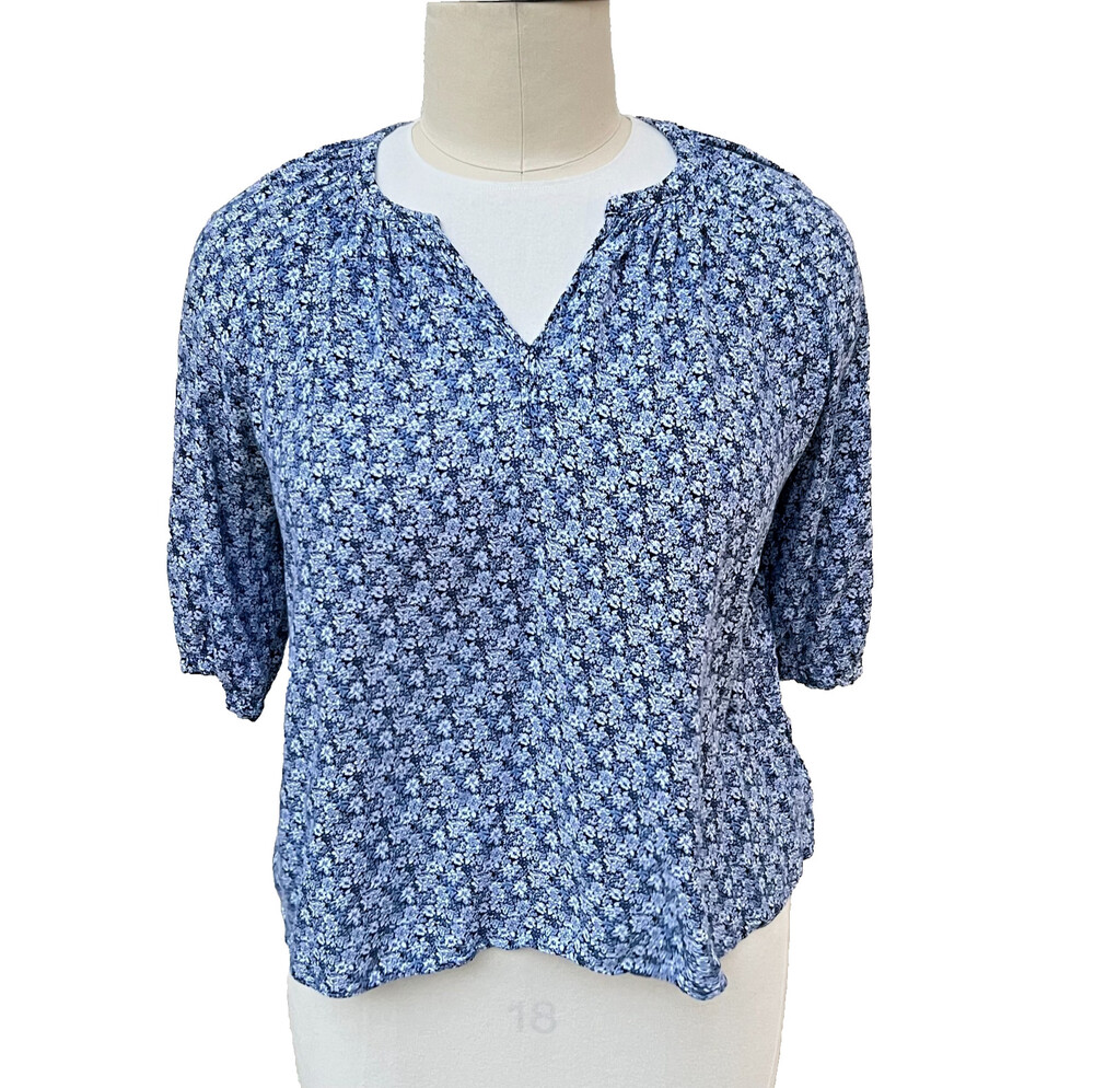 Jones NY Blouse Womens 1X Blue Ditsy Floral Boho Half Sleeve Peasant V-Neck